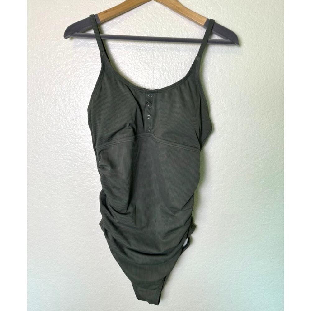 PinkBlush Olive Green Ribbed Snap Front One-Piece Maternity Swimsuit Women M